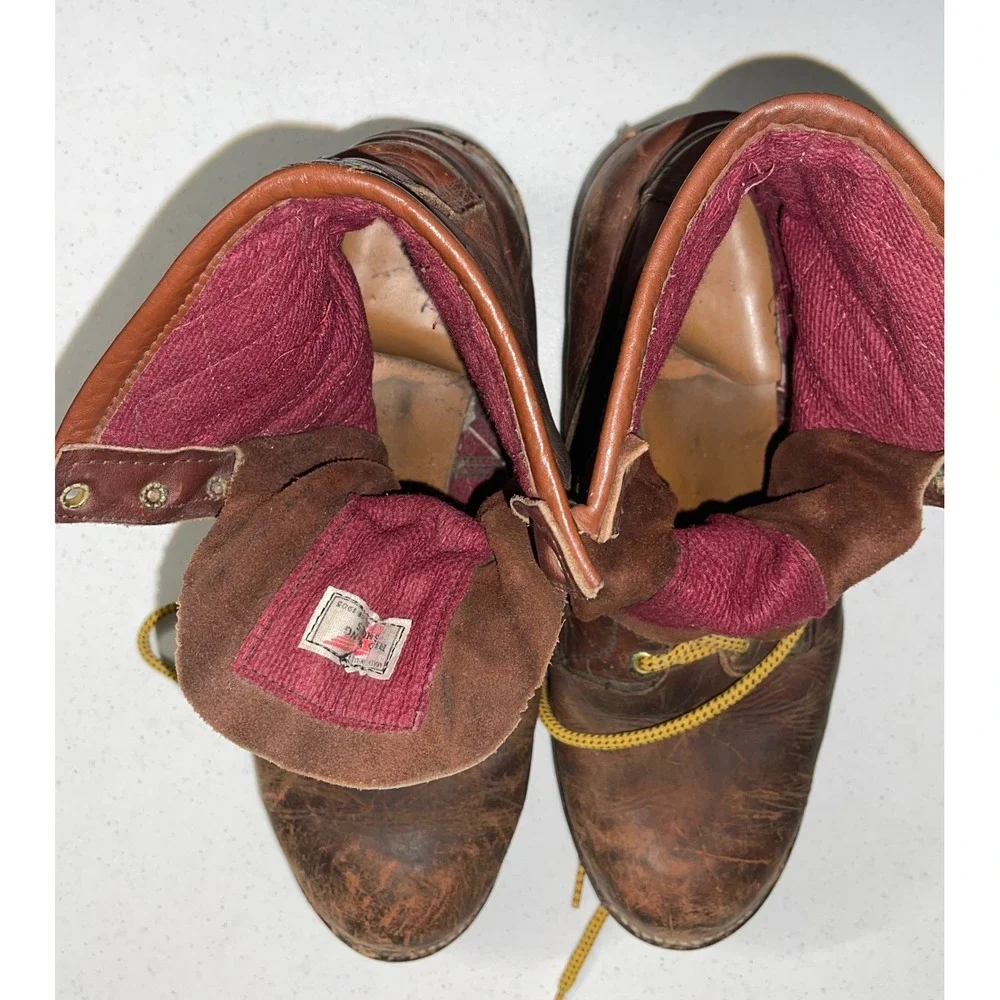 Vtg Red Wing Logger Boots size 14 Brown Leather Work Vibram Lug Sole Made in USA
